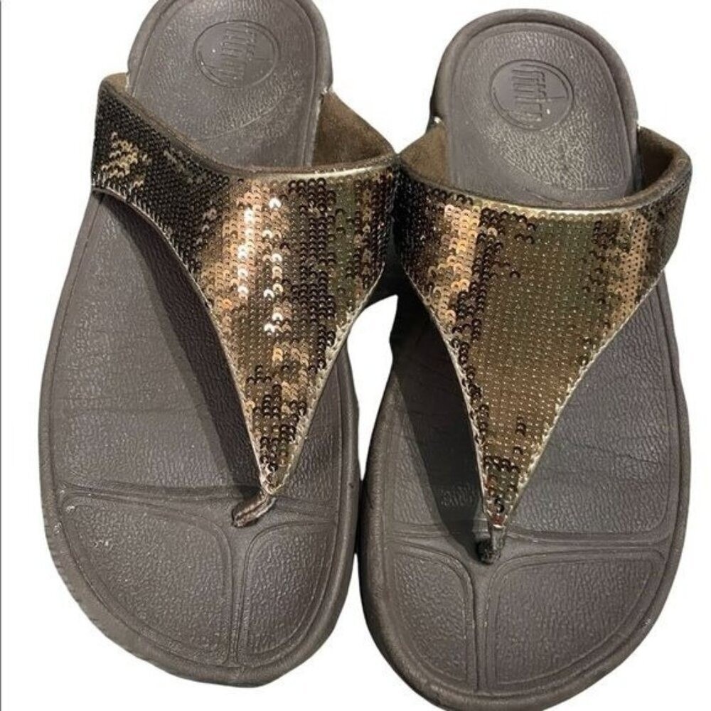 Fit Flops Women's Size 7 Brown Sequin Sparkle Comfy Ortho Style Sandals Shoes‎